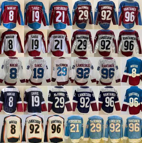 Männer Hockey Reverse Retro 29 Nathan MacKinnon Trikot 92 Gabriel Landeskog 8 Cale Makar 96 Mikko Rantanen 19 Joe Sakic 21 Peter Forsberg Stickerei für Sportfans