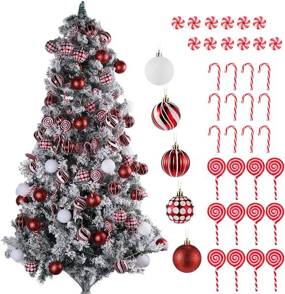 66 PCS Klasik Kırmızı ve Beyaz Noel Top Süsler Dekor ve Şeker Boşlukları Noel Ağacı Asma Dekor Mum İçin Noel Ağacı Dekorasyonları