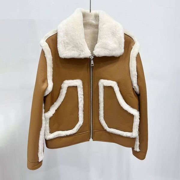 Kadınlar Deri Kısa Gerçek Shearling Ceket Orijinal Kuzu Dinek Sıcak Yün Kış Çift Yüz Ceket ZJ6095