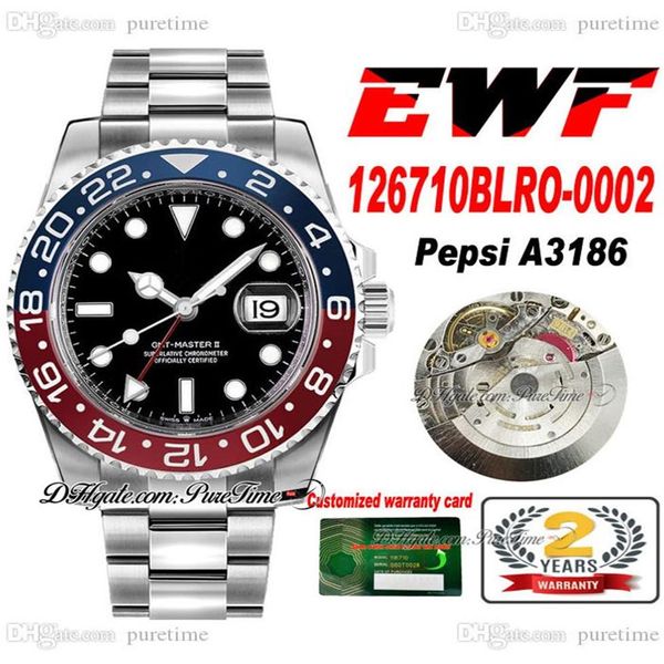 EWF GMT Pepsi 12671 A3186 Relógio Automático Masculino Vermelho Azul Cerâmica Moldura Preta Dial 904L Aço OysterSteel Pulseira Super Edition Pu291O