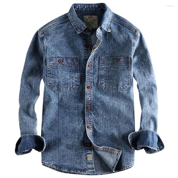 Camisas casuais masculinas vintage angustiado denim camisa para homem moda britânica manga longa mens jeans algodão trabalho terno marca dos eua