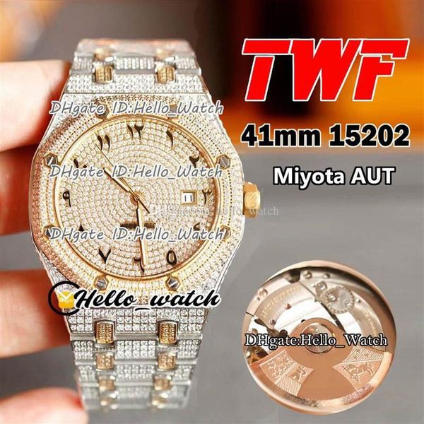 TWF Bling Watches 15202BC ZZ 1241BC 01 Miyota Automatik-Herrenuhr, arabische Markierung, Gypsophila-Zifferblatt, zweifarbig, 18 Karat Gelbgold, gepflastert, CZ342o