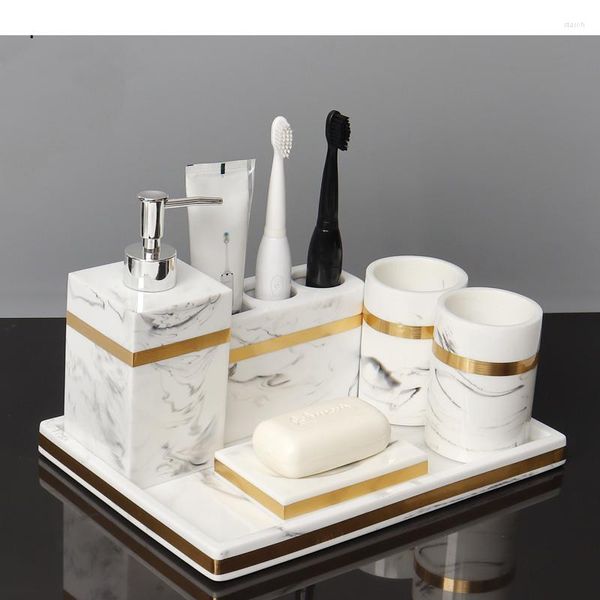 Set di accessori da bagno Nordic Phnom Penh Sei pezzi Bottiglia di lozione in resina Portaspazzolino Coppie Bocca Tazza Portasapone Vassoio Bagno Lavaggio