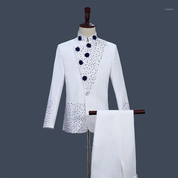 Herrenanzüge Blazer Chinesische Tunika Anzug Retro-Stil Weiß mit blauen Strasssteinen Jacke Gerade Hosen 2 Stück Set Stand Col256f