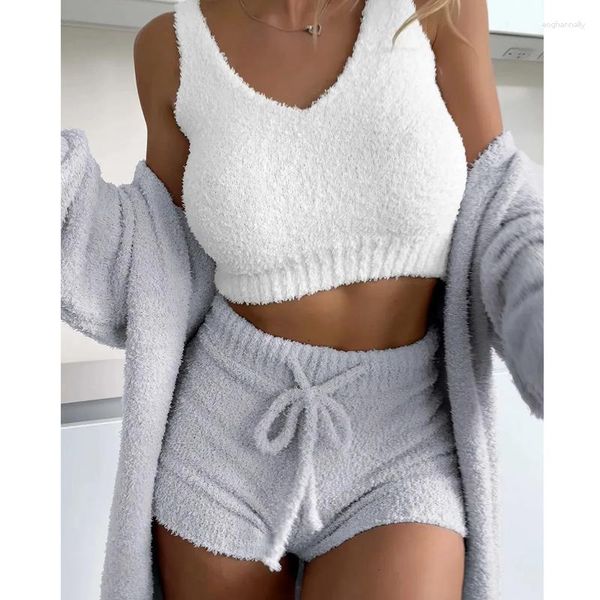 Fatos femininos mulheres sexy quente três peças jaqueta de pelúcia com alça colete top shorts conjunto de manga comprida casaco cardigan terno casual conforto