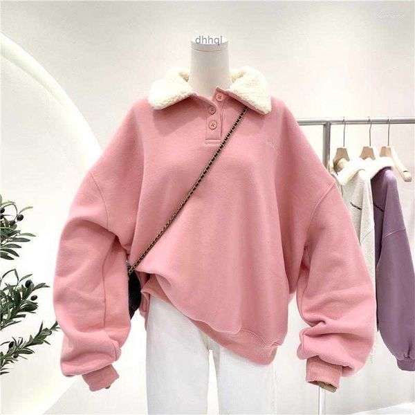 Kadınlar Artı Beden Sweatshirts Kadın Hoodies Lambswool Düğmesi Up Külot Kıyafetleri Pembe Hoodie Sonbahar Kış Kore Stil Kadife Üstler Büyük Boyu Sweatshirt