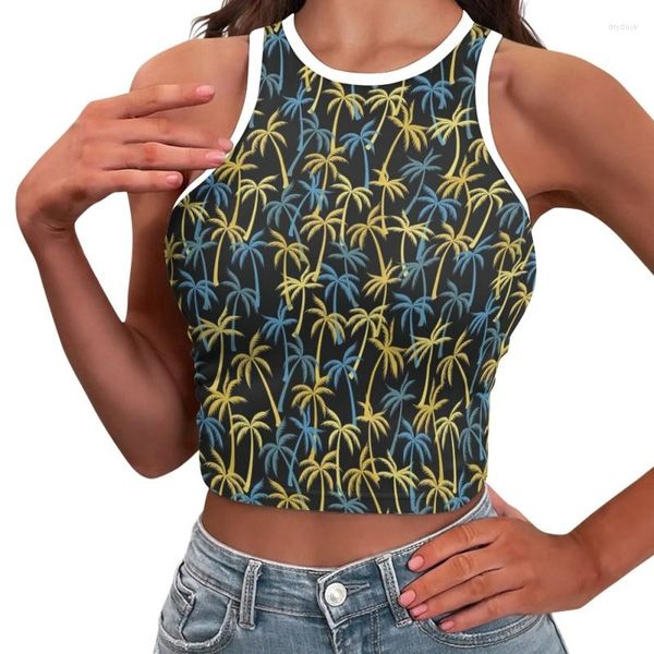 Tanques femininos tropical palmeira design casual feminino camisola navio da gota mulheres colheita topo para esportes sem mangas senhora curto regatas