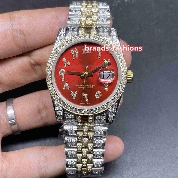 Beliebte neue Herren-Hip-Hop-Armbanduhr mit rotem Zifferblatt und arabischer Skala, Bi-Gold-Armband, vollautomatische mechanische Diamantuhren229d