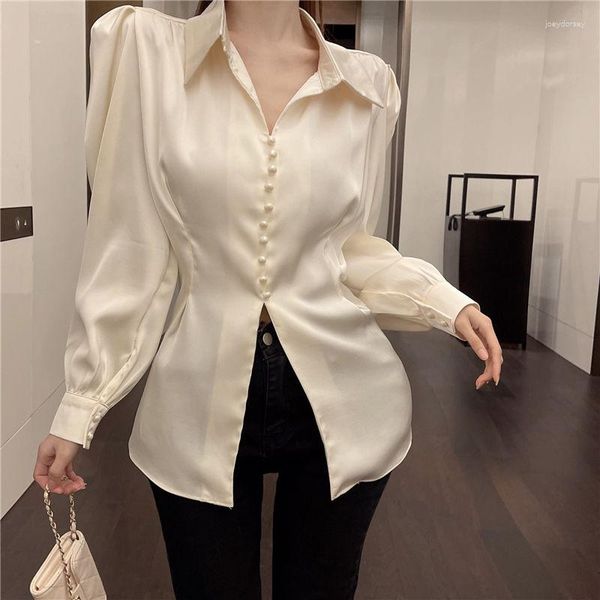 Camicette da donna Camicetta con maniche a sbuffo in raso con fiocco sul retro Camicia da donna slim alla moda da ufficio Casual Coreano Scava fuori Colletto rovesciato Top chic