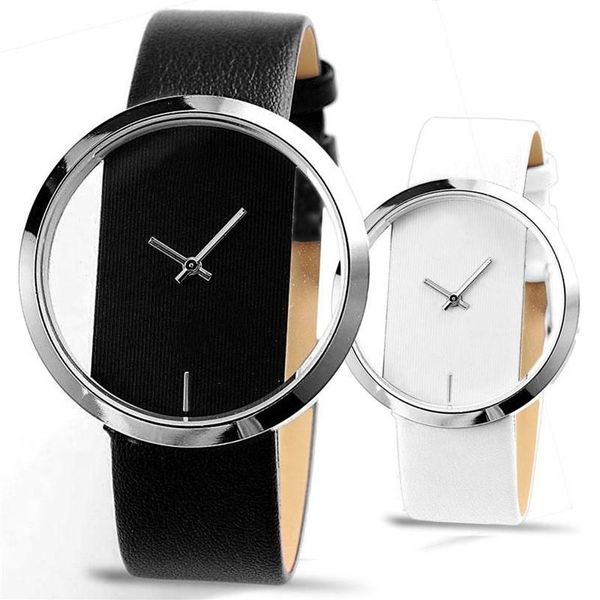 Armbanduhren Einzigartiger einfacher Stil Transparentes Zifferblatt Quarzuhr Lederband Frauen Schwarz Weiß Armbanduhr Relogio Feminino237L