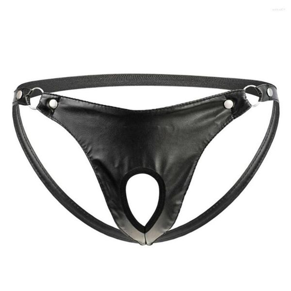 Underpants jackstrap homens sexy roupa interior de couro artificial anel de metal briefs jock cinta string tanga t-back sissy panties305h