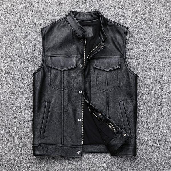 Gilet da uomo Autunno Primo Strato di pelle bovina Motociclista Gilet nero Giacca senza maniche in pelle Cappotto genuino da donna