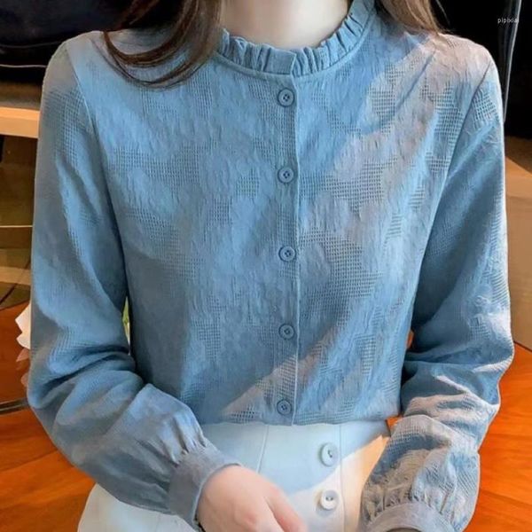 Camicette da donna Donna Autunno 2023 Camicie di cotone Office Lady Casual Manica lunga Colletto alla coreana Rosso Blu Bianco Top Blusas Donna