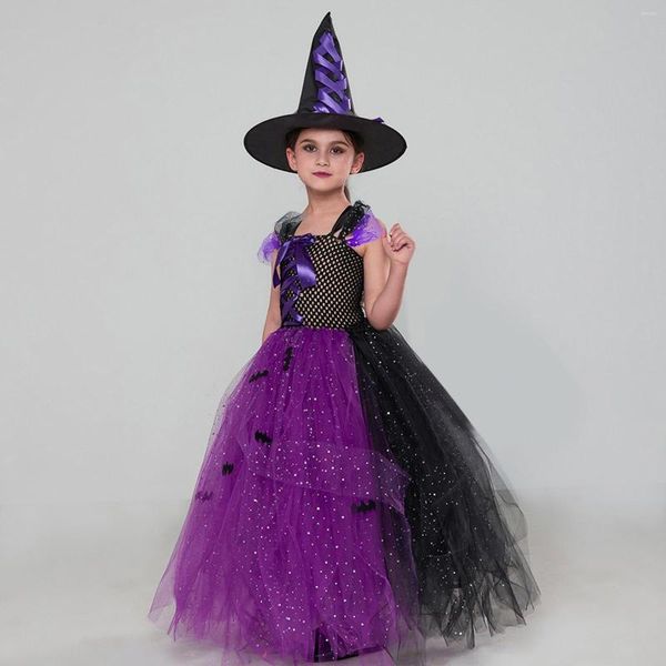 Vestidos de menina para crianças pequenas, halloween, custome, vestido de meninas, malha tutu com chapéu, 2 peças, conjuntos de roupas de desempenho, roupas de férias