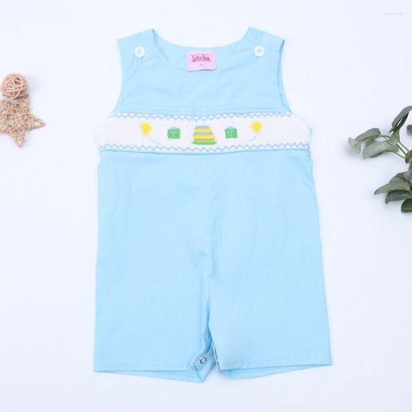 Set di abbigliamento 0-3T Brithday senza maniche vestiti per ragazzi pagliaccetti blu smock con motivo torta ricamo a mano tuta 1 pezzo tute per bambini