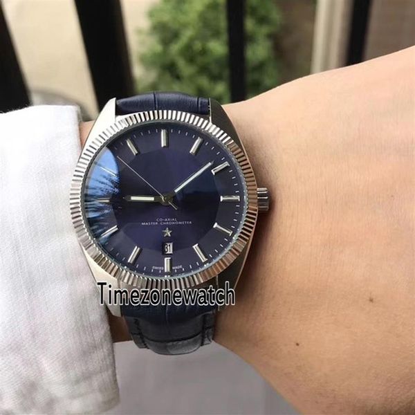 Neue Globemaster blaues Zifferblatt automatische Herrenuhr Stahlgehäuse geriffelte Lünette blaues Zifferblatt blaues Lederarmband 130 33 39 21 03 001 Uhren E179u