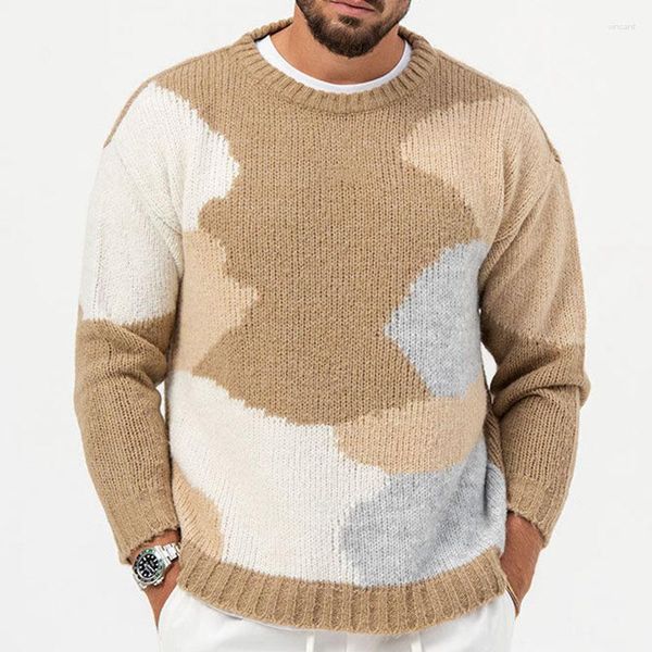 Suéter masculino de malha geométrica, moda fresca, crochê, outono, casual, gola redonda, manga comprida, suéter solto, inverno, lazer, malha