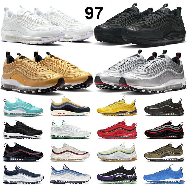 Laufschuhe Air Cushion 97s Designer Joint Signature Männer Frauen Sneakers Triple Black White OG Sliver Golden Sports Trainer Größe 36-45