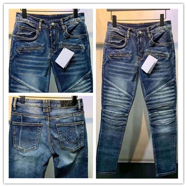 Jeans da uomo Designer di lusso Design a strisce blu Pantaloni neri a cinque stelle completi Lettera gamba Applicazione classica Fori moda Moto Bik249m