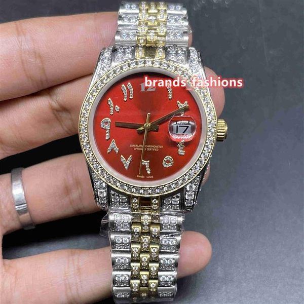 Popular novo relógio de pulso masculino hip hop rosto vermelho escala árabe bi-ouro cinta totalmente automático relógios mecânicos de diamante 250x