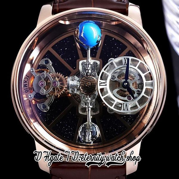 BZF Astronomia Tourbillon Swiss Quartz Mens Watch Rose Gold Steel Case Sky Skeleton 3D Globe Dial não gira Couro Marrom 291C