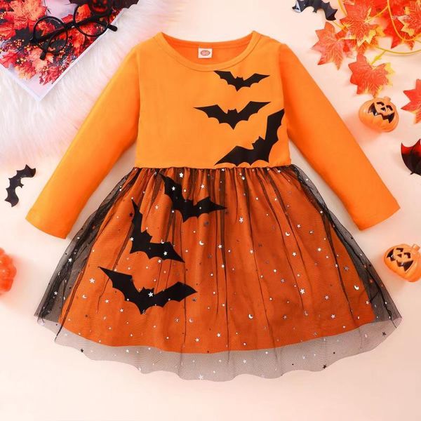 Mädchen Kleider Kinder Halloween Kostüm Baby Langarm Kleid Prinzessin Schöne Gedruckt Fledermaus Mesh Garn A-Linie Kleinkind Süße Tutu