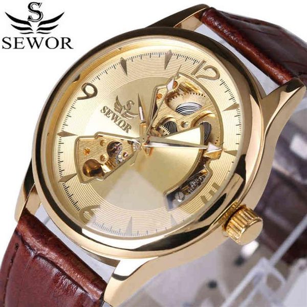 SEWOR Marke Mechanische Automatische selbst wind Skeleton Uhren Mode Lässig Männer Uhr Luxus Uhr Echtes Lederband 211231281E