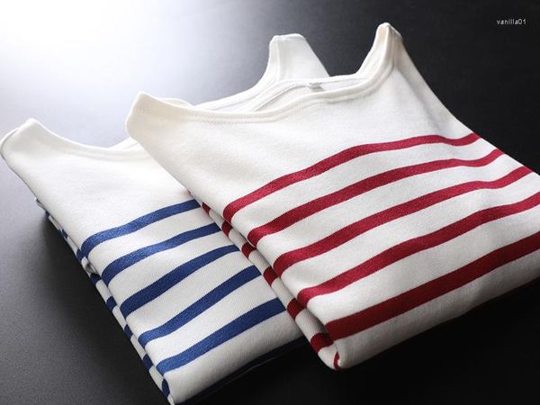 Mulheres Camisetas Vinho Vermelho Posicionamento Stripe Manga Longa T-shirt Puro Algodão Azul Branco Mar Soul Camisa Top Outono 0817