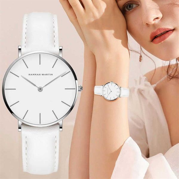 Hannah Martin Casual Senhoras Relógio Com Pulseira De Couro À Prova D 'Água Mulheres Relógios Prata Quartz Relógio De Pulso Branco Relogio Feminino 210324Q