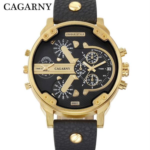 Роскошные кварцевые часы Cagarny, мужские черные кожаные ремешки, золотой корпус, двойное время, военные часы Relogio Masculino, повседневные мужские часы, мужские X232g