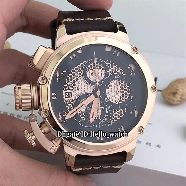 Economico mancino 50mm U51 U-51 scheletro quadrante nero cronografo al quarzo orologio da uomo Chimera 7474 cinturino in pelle oro rosa da uomo Sport261Y