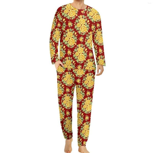 Masculino sleepwear retro rosa floral pijama amarelo flores homem manga longa adorável conjunto 2 peça noite outono design casa terno presente idéia