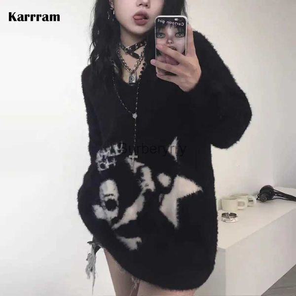 Suéteres femininos Karrram Gótico Crânios Suéter Grunge Estética Escura Malha Jumper Com Decote Em V Harajuku Solto Mohair Pulôver Emo Alt Malhas Y2kL231004