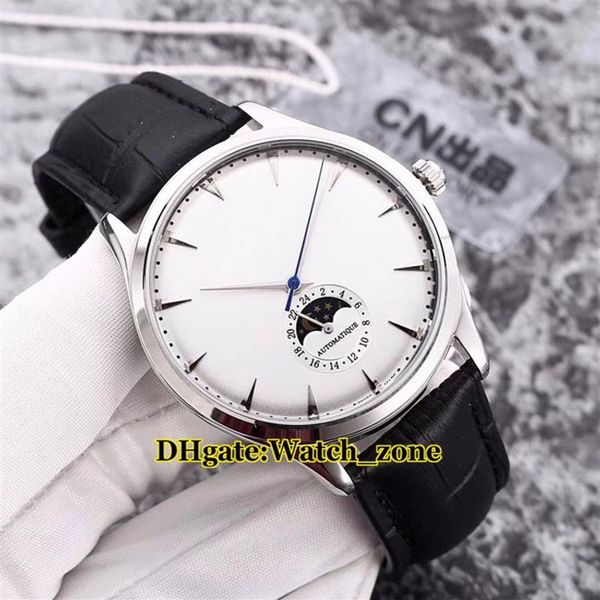 New Master Ultra Thin 1368420 Moon Phase Белый циферблат Автоматические мужские часы Серебряный корпус Кожаный ремешок Дешевые мужские наручные часы249O