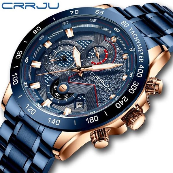 Relógios de pulso design moderno crrju menes relógio azul ouro grande dial quartzo top calendário relógio de pulso cronógrafo esporte homem clock231t