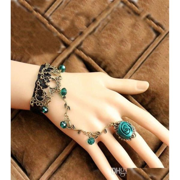 Charm Armbänder Vintage Spitze Blumenarmband mit Fingerring Braut Ehe Schmuck Armband Bronze Handschuhe Frauen Statement Drop Del Dhglt