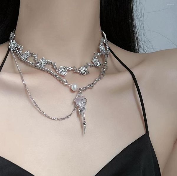 Anhänger Halsketten Metall Flüssigkeit Lave Flamme Stein Herz Halskette Für Frauen Koreanische Trend Hip Hop Rose Blume Kette Choker Schmuck