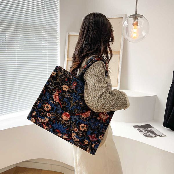 Totes Small Design Commuter Tote Bag Nova Versátil China-chic Flor Étnica Bolsa de Estudante