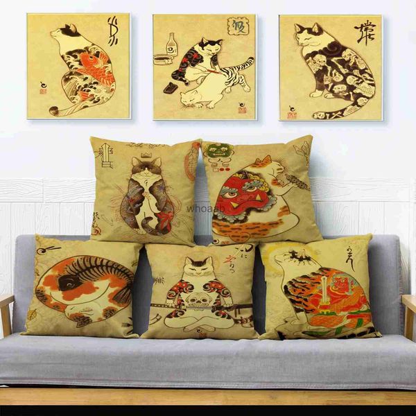 Cuscini di peluche Cuscini Vintage giapponese Samurai Cat Tattoo Cuscino Decor Retro Federa per animali per divano Home Car Federa in poliestere 45x45 cm YQ231004