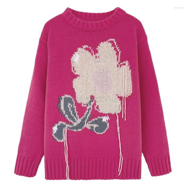 Maglioni da donna Autunno e inverno Maglione lavorato a maglia girocollo spesso con motivo jacquard a fiori rossi rosa