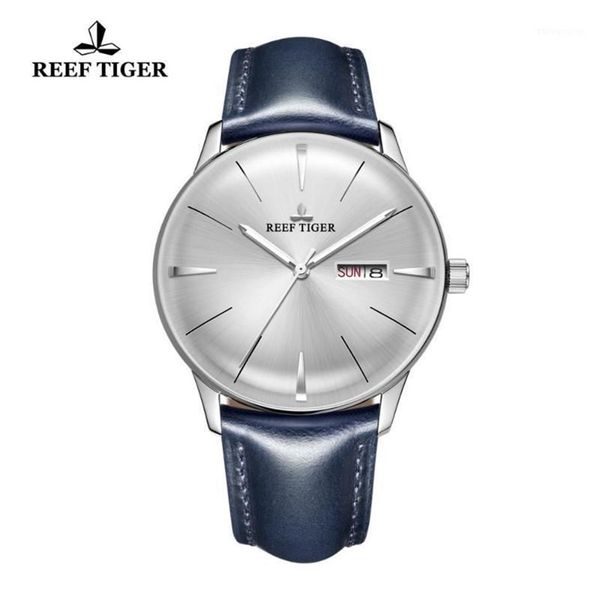 Armbanduhren 2021 Reef Tiger RT Kleiduhren für Herren, blaues Lederband, konvexe Linse, weißes Zifferblatt, Automatik, RGA823812722