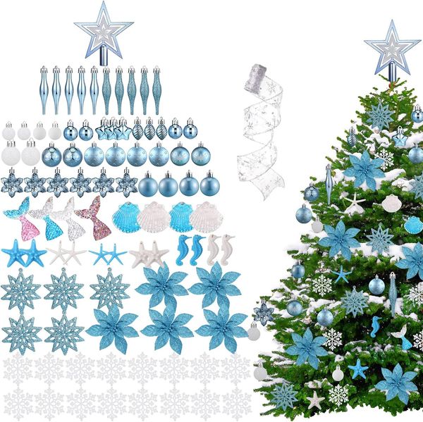 99 peças decorações de natal temáticas de praia oceano enfeites de árvore de natal costeira conjunto de natal azul incluindo bola branca azul pendurado snowfl