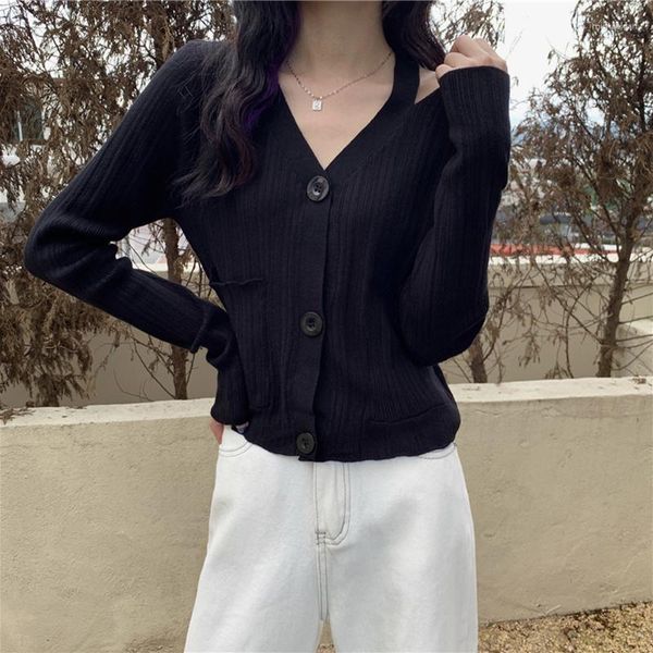 Malhas femininas preto curto de malha cardigan com decote em v primavera outono coreano manga longa jumper outerwear 4 cores