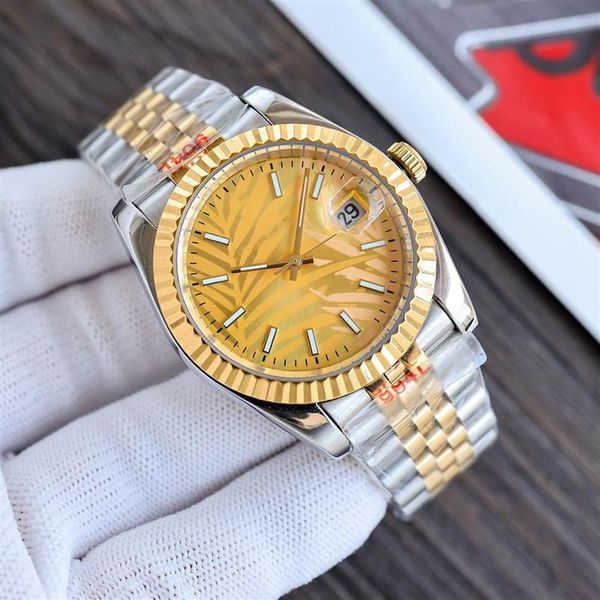 Luxus -Herren -Uhren -Datum nur automatische mobile Designerin Frauen Uhr Gold Dial Palm Blattmuster 36 mm Glühen 904L Stainles218a