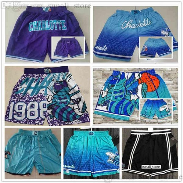 2022 Charlotte''Hornets''Mens Retro Basketbalshort Met Zakken Rits Joggingbroek Spelbroek Larry Johnson 210U