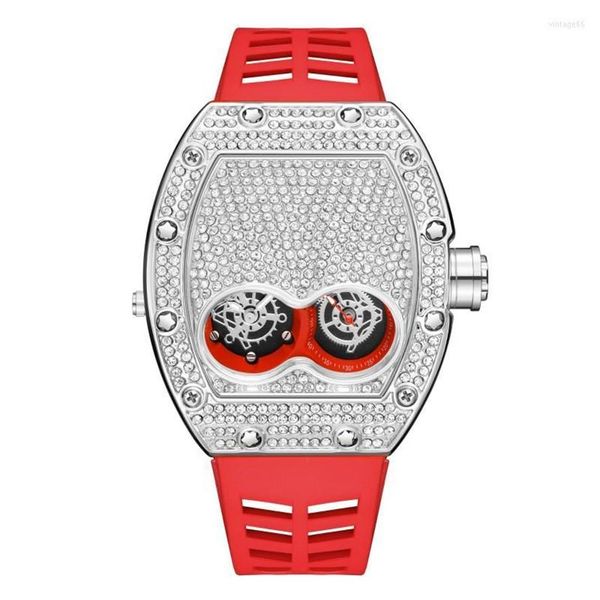 Armbanduhren Pintime Original Luxus Volldiamant Iced Out Uhr Bling-Ed Roségoldgehäuse Rotes Silikonarmband Quarzuhr für Männer2051