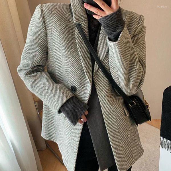 Damenanzüge Damen-Anzug mit Fischgrätenmuster, Wollmischung, gerade Doppeltaschenjacke, Blazer, Herbst- und Winterwollmantel