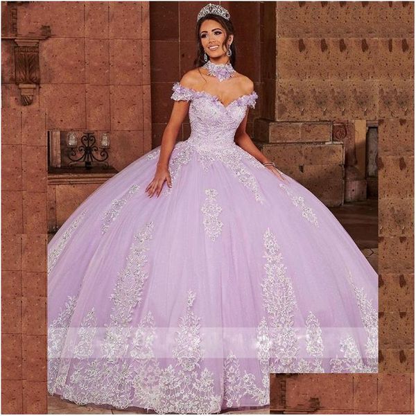 Платья Quinceanera Сиреневый 2022 Off The Shoder Маскарад Сладкие 16 платьев Кружевные аппликации Бальное платье из бисера Платье для выпускного вечера Drop Delivery Party Dhx9W