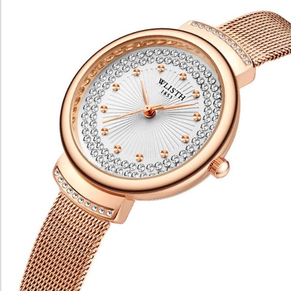 Wlisth marca relógio de cristal diamante começa excelente quartzo relógio feminino confortável malha banda resistente ao desgaste brilhante senhoras watchc261v