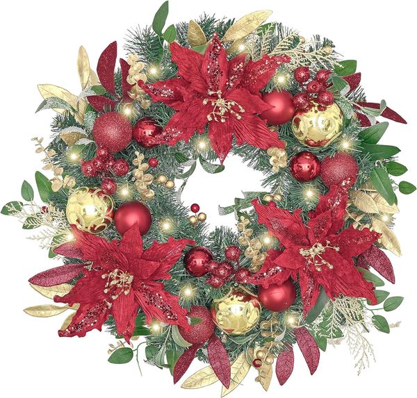 Предварительно освещенный рождественский венок для входной двери с подсветкой, большой освещенный рождественский венок размером 24 дюйма с рождественским шаром из красного золота Poinsettia для камина